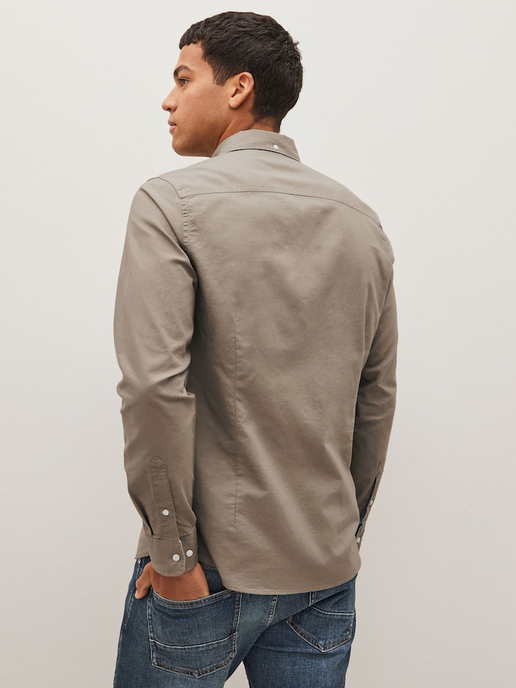 Stone Neutral Slim Fit Long Sleeve Oxford Shirt - Image 2 of 7