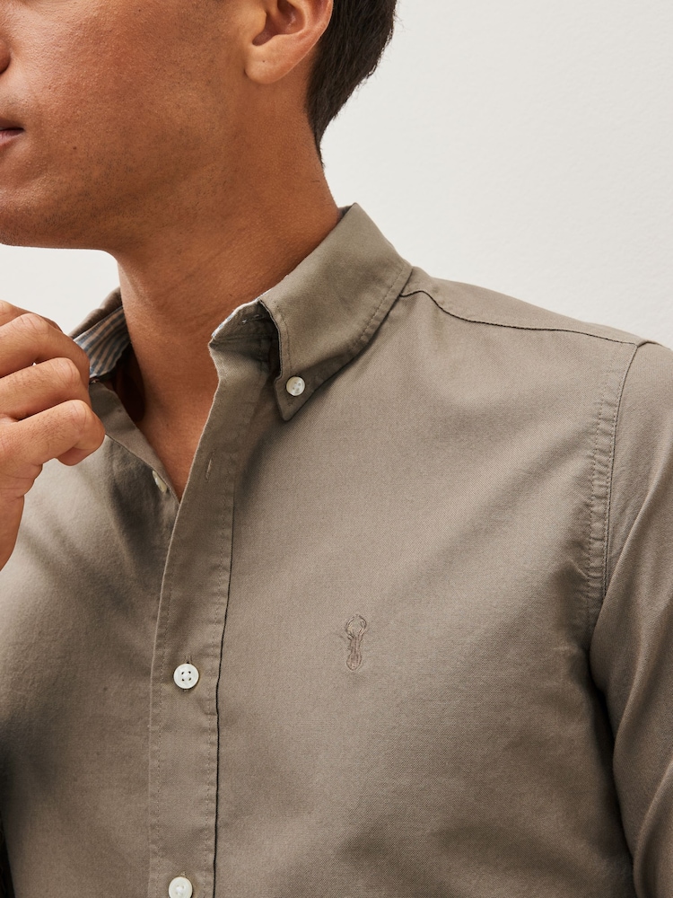 Stone Neutral Slim Fit Long Sleeve Oxford Shirt - Image 4 of 7