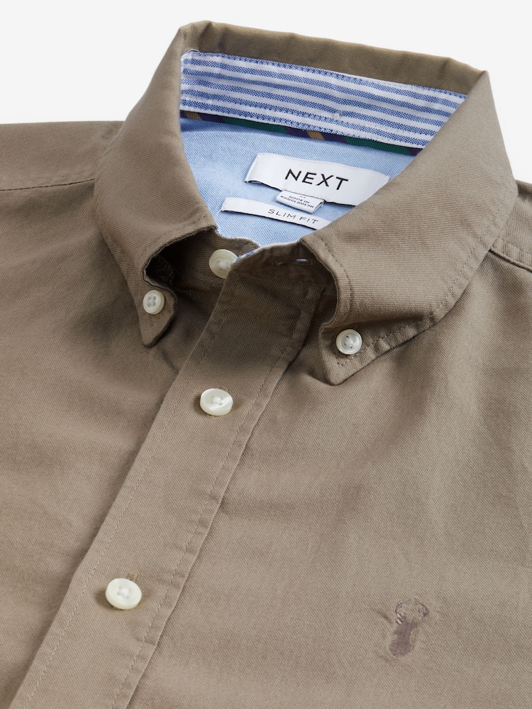 Stone Neutral Slim Fit Long Sleeve Oxford Shirt - Image 6 of 7