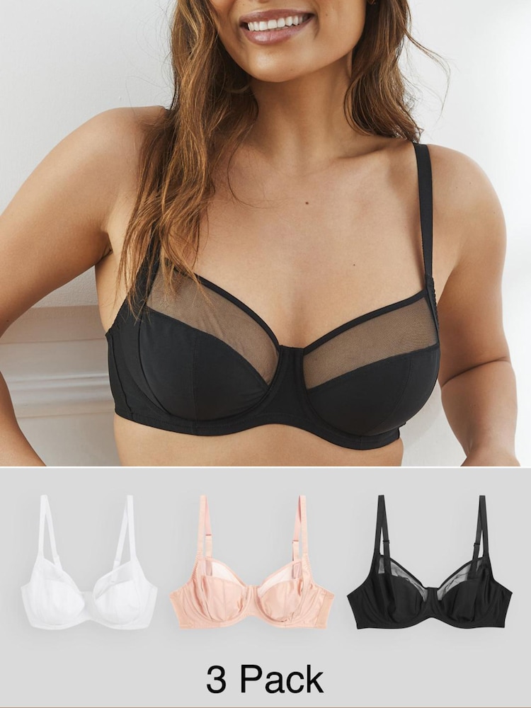 Black/White/Praline Nude DD+ Non Pad Full Cup Bras 3 Pack with Side Support - Image 1 of 10