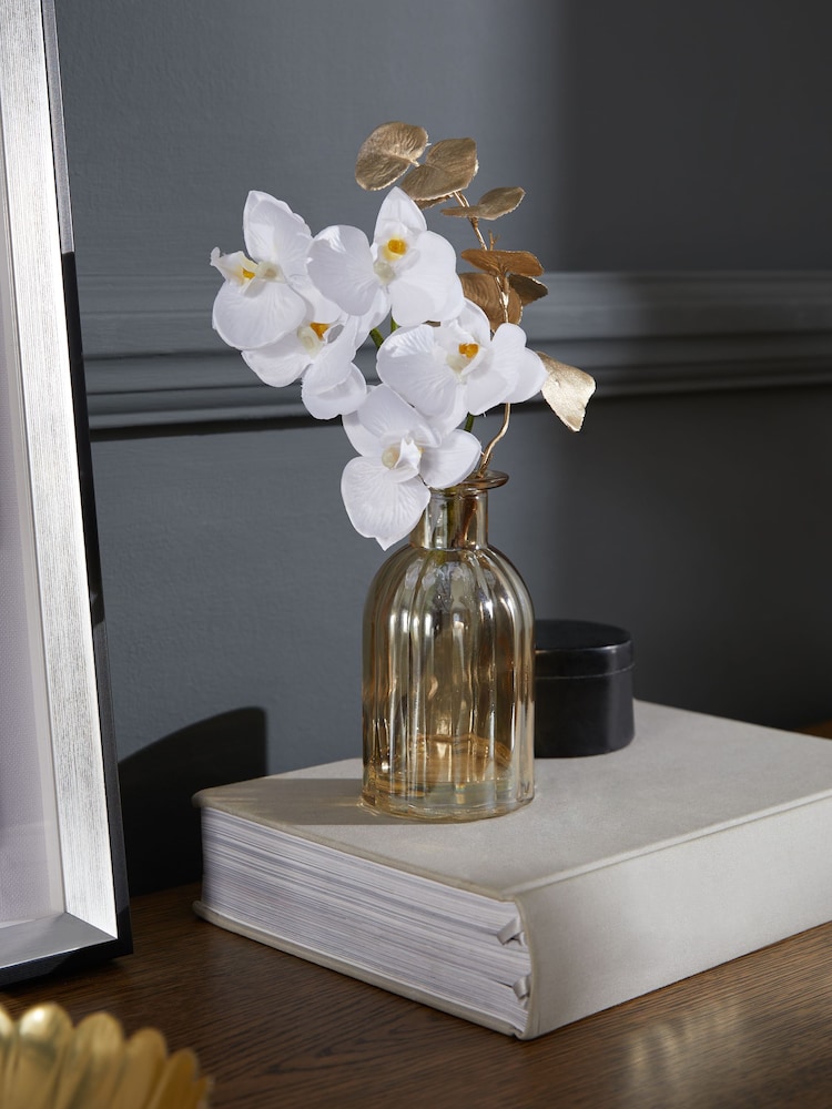 Künstliche Orchidee mit echtem Touch in Goldglanz-Vase - Bild 1 von 4