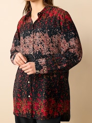 Red/Pink Floral Smudge Print Textured Long Sleeve Shirt with Pocket - Image 3 of 6