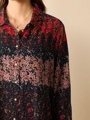 Red/Pink Floral Smudge Print Textured Long Sleeve Shirt with Pocket - Image 4 of 6