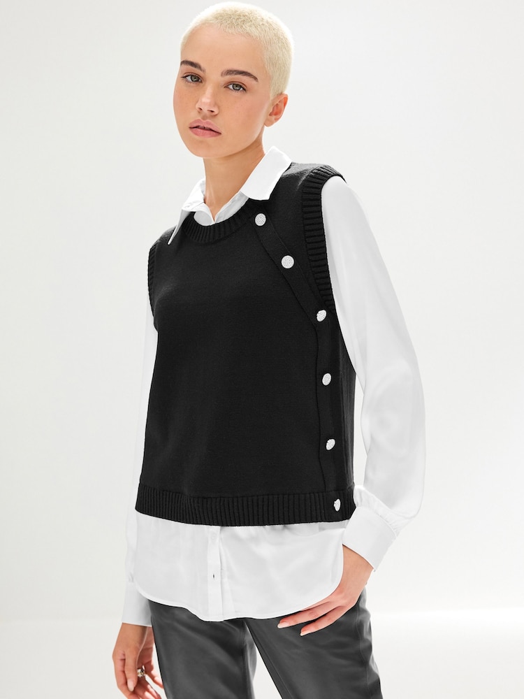 Black Gem Button Shirt Layer Jumper - Image 1 of 1 Black Gem Button Shirt Layer Jumper - Image 1 of 1