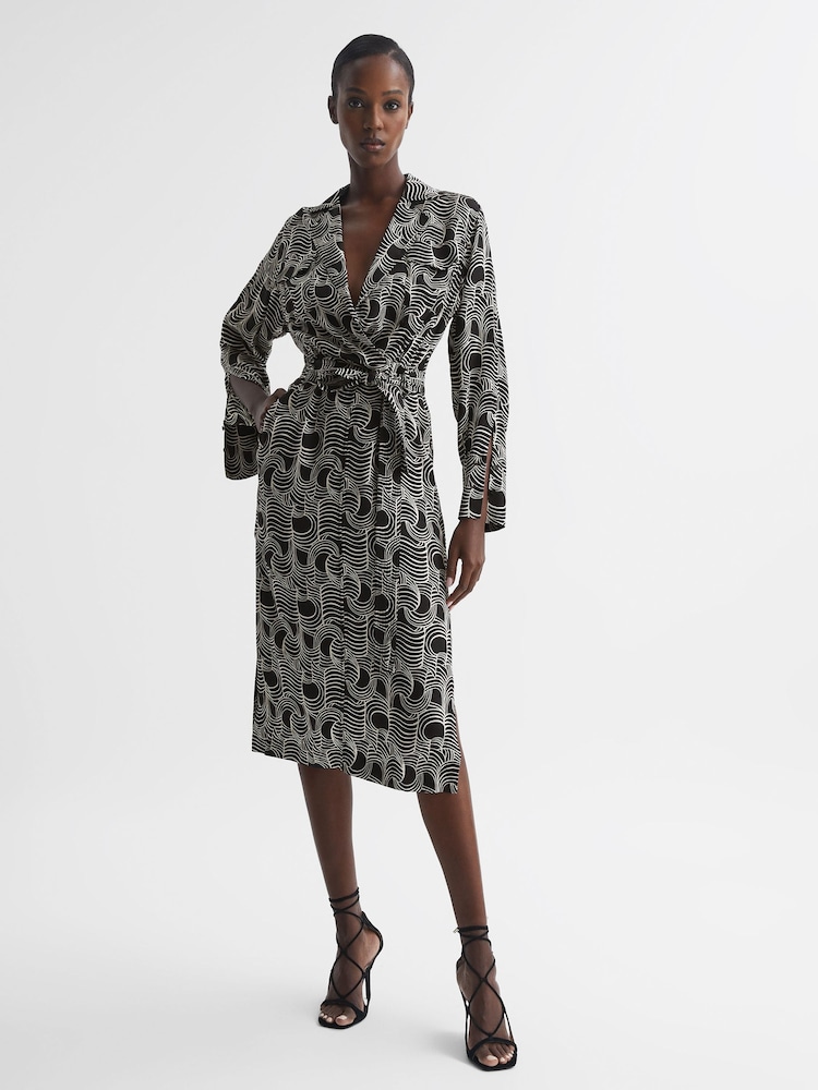 Reiss Cream/Black Georgina Swirl Print Midi Dress - Image 1 of 7