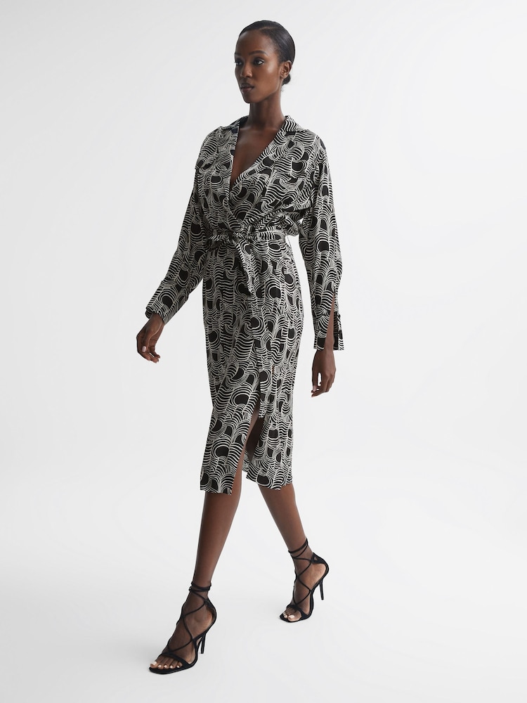 Reiss Cream/Black Georgina Swirl Print Midi Dress - Image 7 of 7