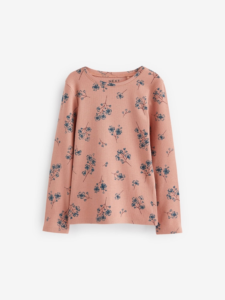 Pink Floral 1 Pack Long Sleeve Ribbed Top (3-16yrs) - Image 1 of 3