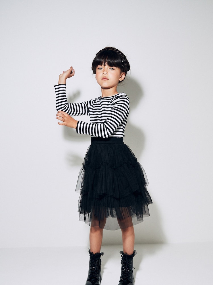 Black/White Stripe Long Sleeve Ribbed Top (3-16yrs) - Image 1 of 8