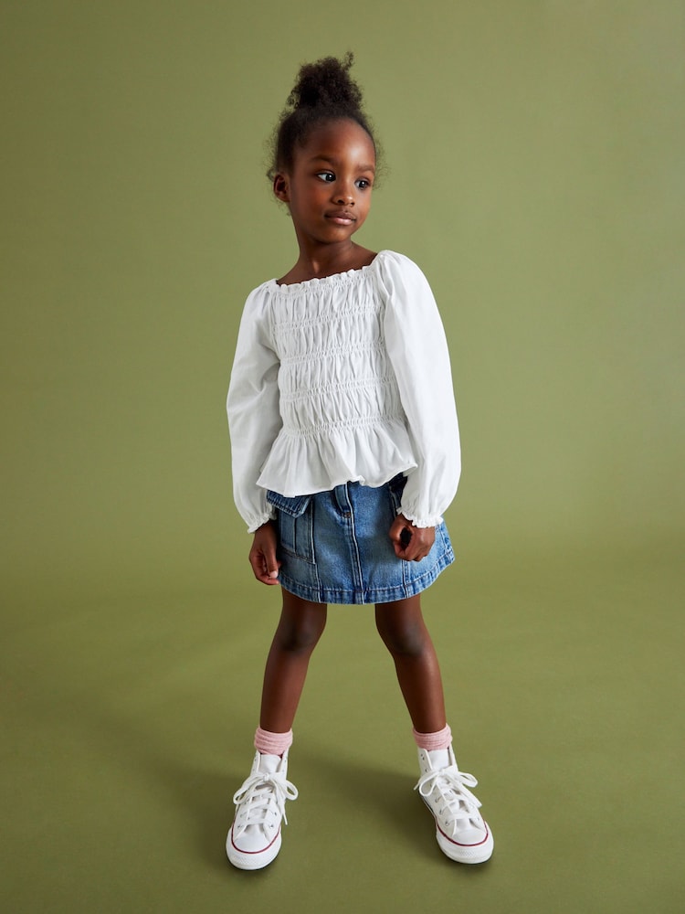 White Shirred Long Sleeve Top (3-16yrs) - Image 1 of 5