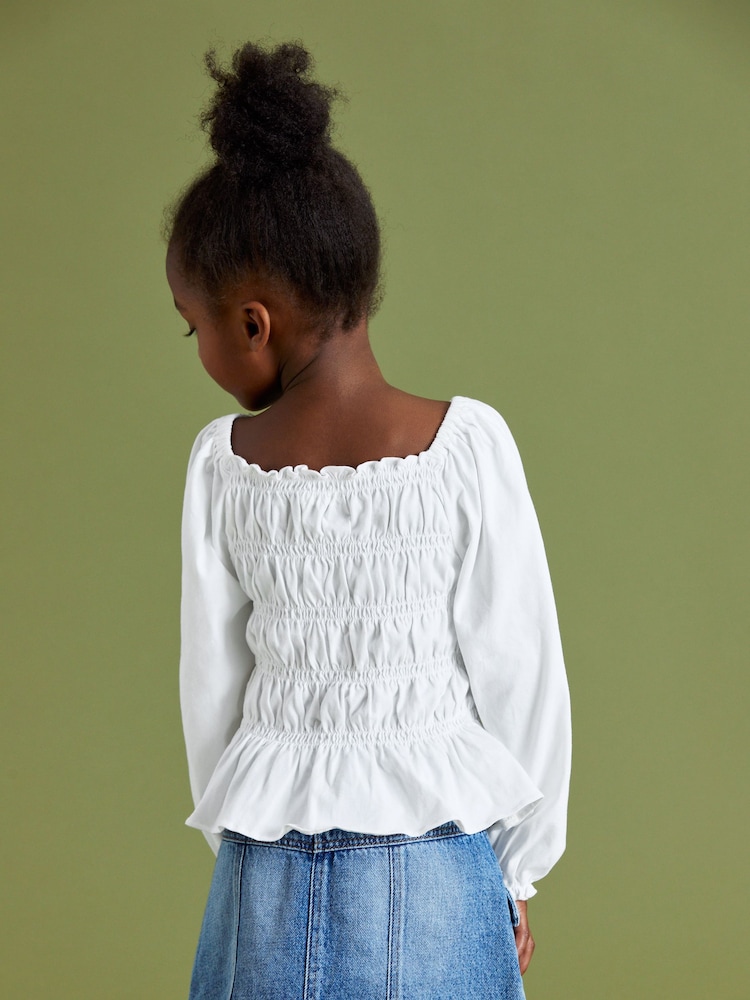 White Shirred Long Sleeve Top (3-16yrs) - Image 2 of 5