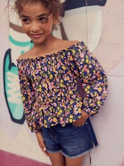 Navy Blue/Pink Ditsy Shirred Long Sleeve Top (3-16yrs) - Image 1 of 6
