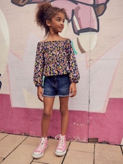 Navy Blue/Pink Ditsy Shirred Long Sleeve Top (3-16yrs) - Image 2 of 6