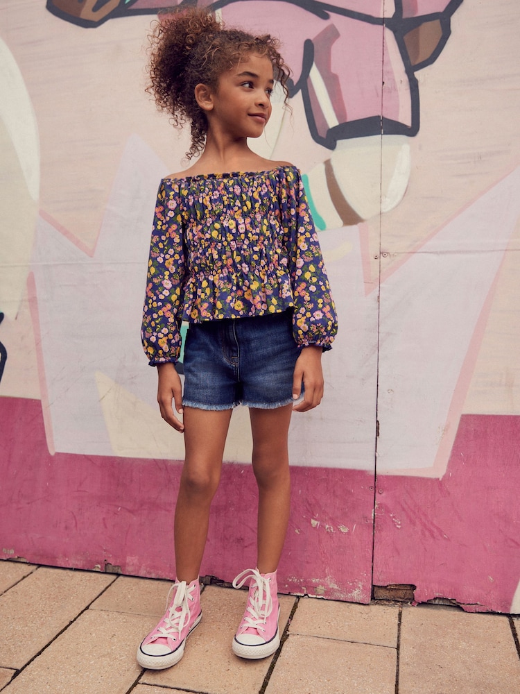 Navy Blue/Pink Ditsy Shirred Long Sleeve Top (3-16yrs) - Image 2 of 6