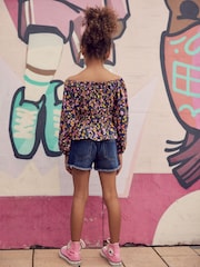 Navy Blue/Pink Ditsy Shirred Long Sleeve Top (3-16yrs) - Image 3 of 6