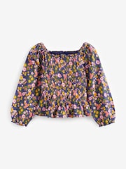 Navy Blue/Pink Ditsy Shirred Long Sleeve Top (3-16yrs) - Image 5 of 6
