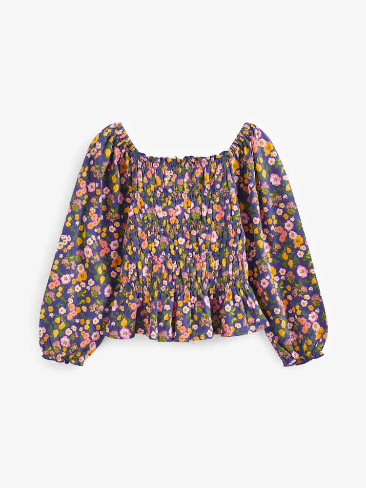 Navy Blue/Pink Ditsy Shirred Long Sleeve Top (3-16yrs) - Image 6 of 6