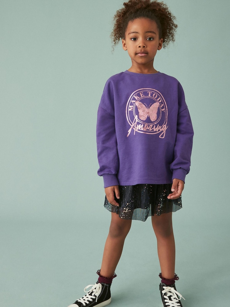 Purple Metallic Butterfly Cuffed Long Sleeve T-Shirt (3-16yrs) - Image 1 of 6 Purple Metallic Butterfly Cuffed Long Sleeve T-Shirt (3-16yrs) - Image 1 of 6