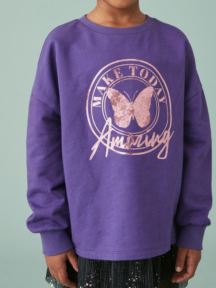 Purple Metallic Butterfly Cuffed Long Sleeve T-Shirt (3-16yrs) - Image 2 of 6 Purple Metallic Butterfly Cuffed Long Sleeve T-Shirt (3-16yrs) - Image 2 of 6