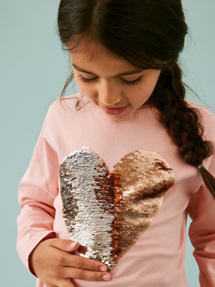 Pink/Gold Long Sleeve Sequin Heart T-Shirt (3-16yrs) - Image 1 of 8