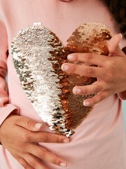 Pink/Gold Long Sleeve Sequin Heart T-Shirt (3-16yrs) - Image 6 of 8