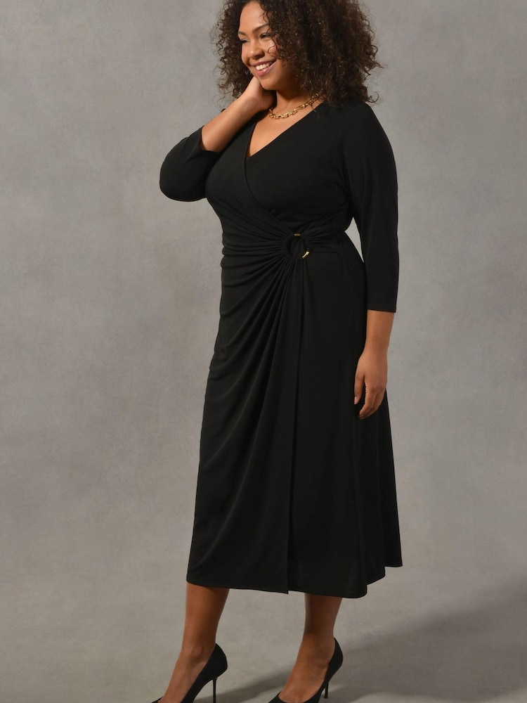 Live Unlimited Black Curve Ring Detail Wrap Jersey Short Sleeve Midi Dress - Image 1 of 4 Live Unlimited Black Curve Ring Detail Wrap Jersey Short Sleeve Midi Dress - Image 1 of 4