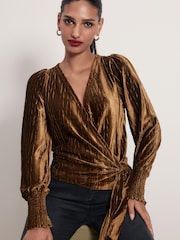 Gold Velvet Long Sleeve Wrap Top - Image 1 of 6