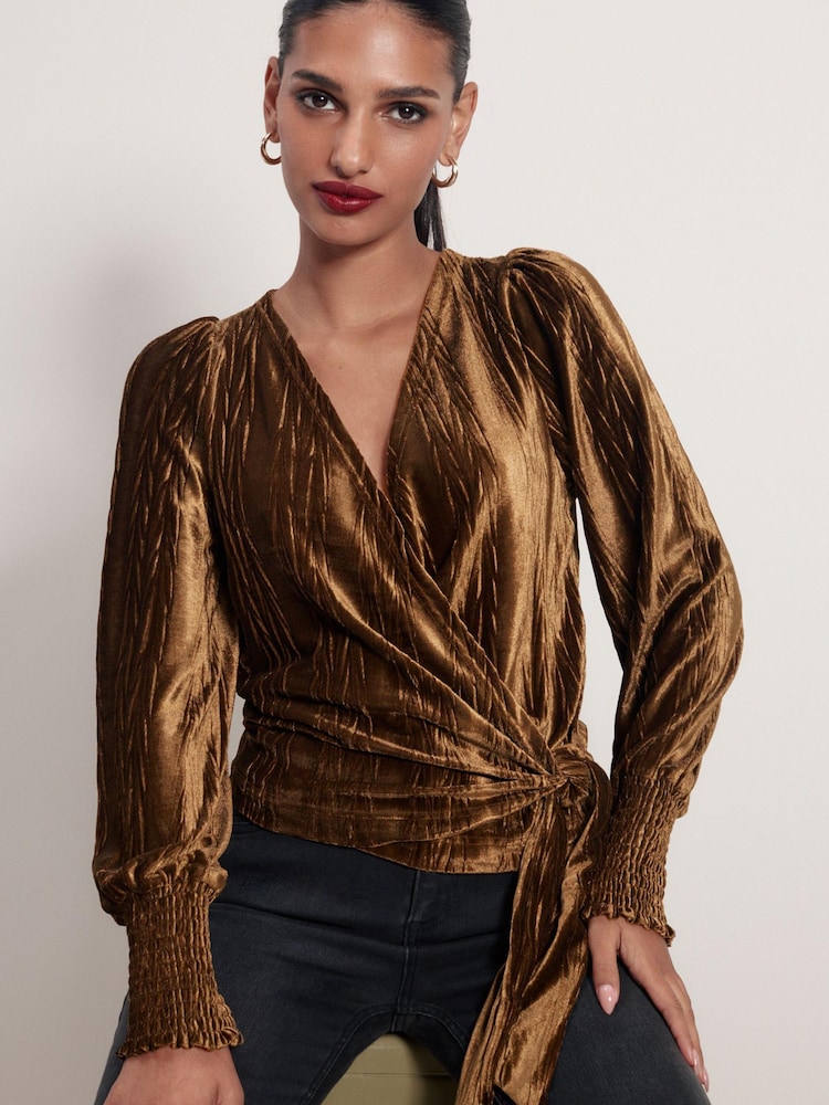 Gold Velvet Long Sleeve Wrap Top - Image 1 of 6
