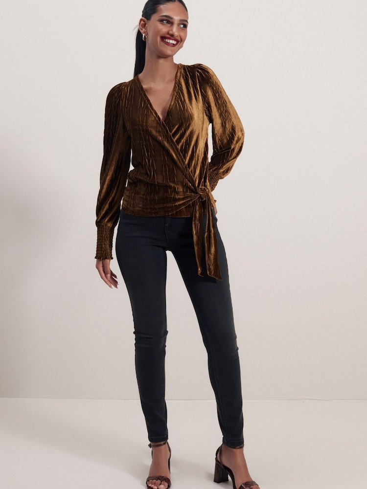 Gold Velvet Long Sleeve Wrap Top - Image 2 of 6
