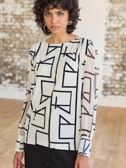 Ecru Cream Print Long Sleeve Crew Neck Cuff Blouse - Image 1 of 6