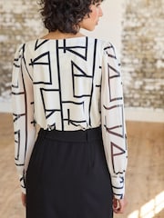Ecru Cream Print Long Sleeve Crew Neck Cuff Blouse - Image 3 of 6