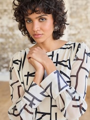 Ecru Cream Print Long Sleeve Crew Neck Cuff Blouse - Image 4 of 6
