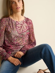 Pink Paisley Long Sleeve Crew Neck Cuff Blouse - Image 1 of 6