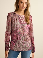 Pink Paisley Long Sleeve Crew Neck Cuff Blouse - Image 2 of 6