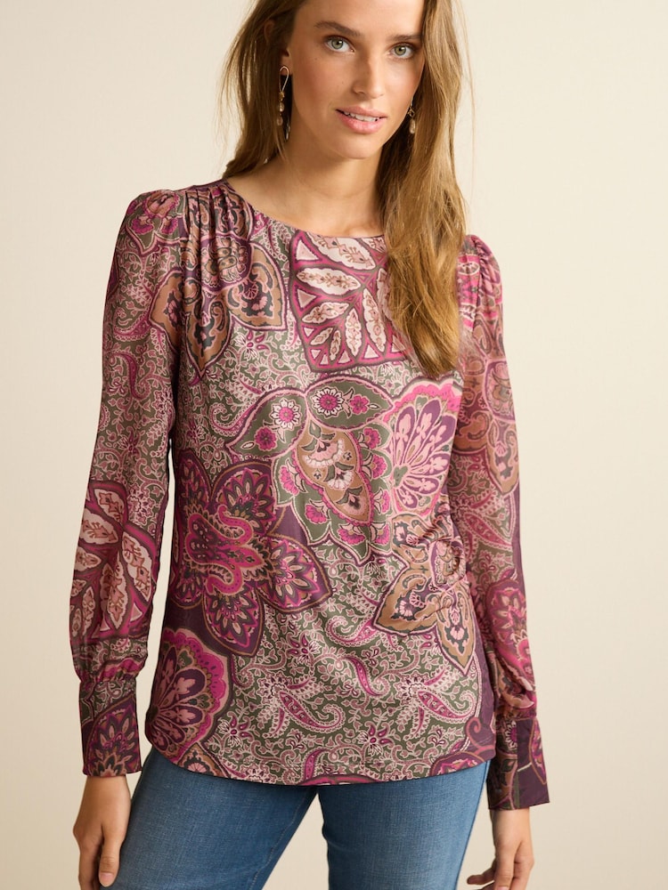 Pink Paisley Long Sleeve Crew Neck Cuff Blouse - Image 2 of 6
