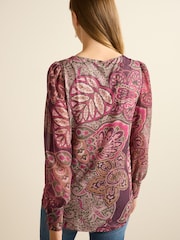 Pink Paisley Long Sleeve Crew Neck Cuff Blouse - Image 3 of 6
