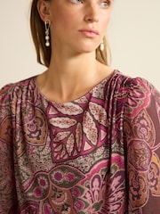 Pink Paisley Long Sleeve Crew Neck Cuff Blouse - Image 4 of 6
