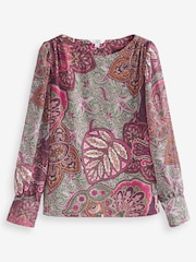 Pink Paisley Long Sleeve Crew Neck Cuff Blouse - Image 5 of 6