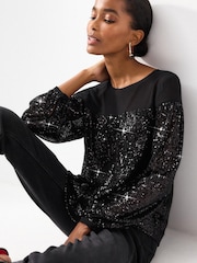 Black Long Sleeve Sequin Sparkle Top - Image 1 of 6