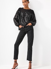 Black Long Sleeve Sequin Sparkle Top - Image 2 of 6