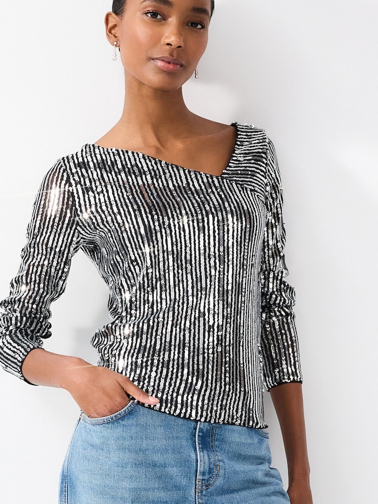 Striped Silver Sequin Long Sleeve Asymmetric Party Top - Image 1 of 6 Striped Silver Sequin Long Sleeve Asymmetric Party Top - Image 1 of 6