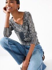 Striped Silver Sequin Long Sleeve Asymmetric Party Top - Image 2 of 6