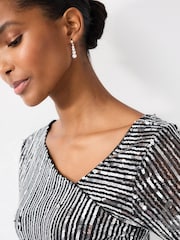 Striped Silver Sequin Long Sleeve Asymmetric Party Top - Image 4 of 6