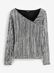 Striped Silver Sequin Long Sleeve Asymmetric Party Top - Image 5 of 6