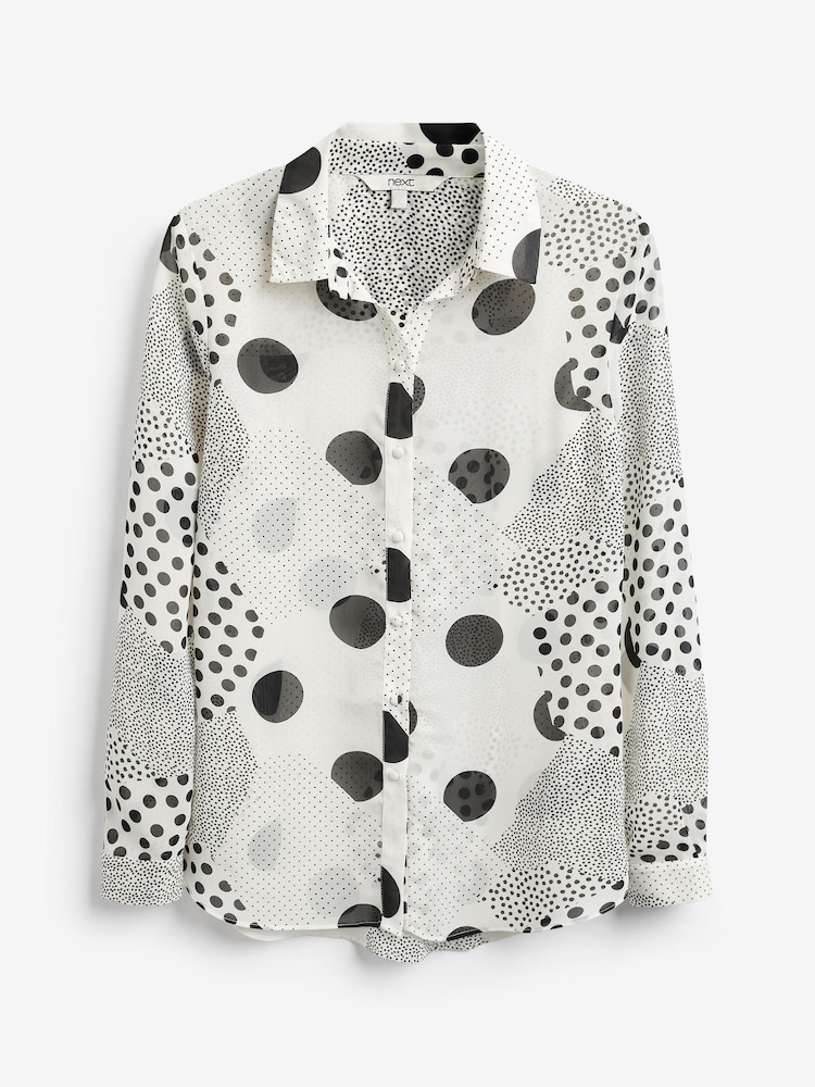White/Black Spot Print Long Sleeve Sheer Shirt - Image 6 of 6