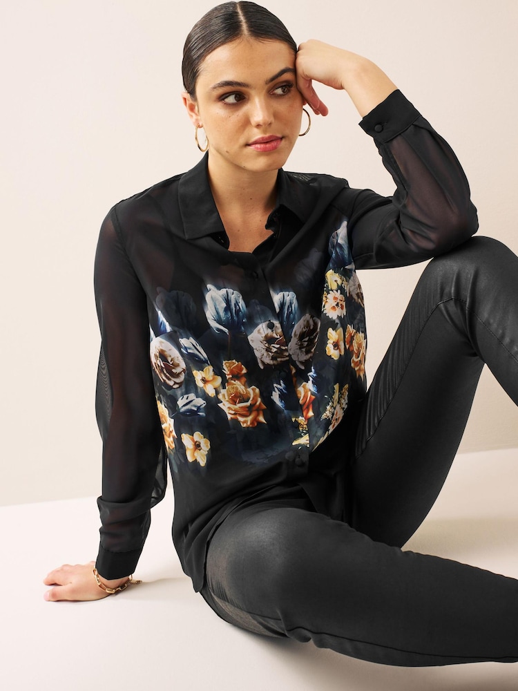 Black Floral Placement Print Long Sleeve Sheer Shirt - Image 1 of 6