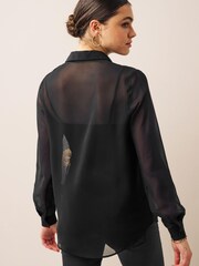 Black Floral Placement Print Long Sleeve Sheer Shirt - Image 2 of 6