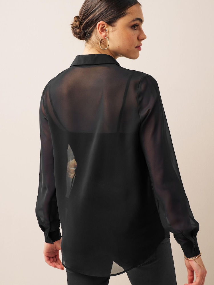 Black Floral Placement Print Long Sleeve Sheer Shirt - Image 2 of 6
