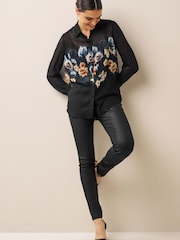 Black Floral Placement Print Long Sleeve Sheer Shirt - Image 3 of 6