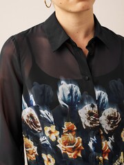 Black Floral Placement Print Long Sleeve Sheer Shirt - Image 4 of 6