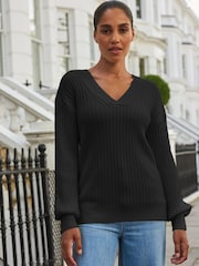 Black Ribbed V-Neck Jumper - Image 1 of 6